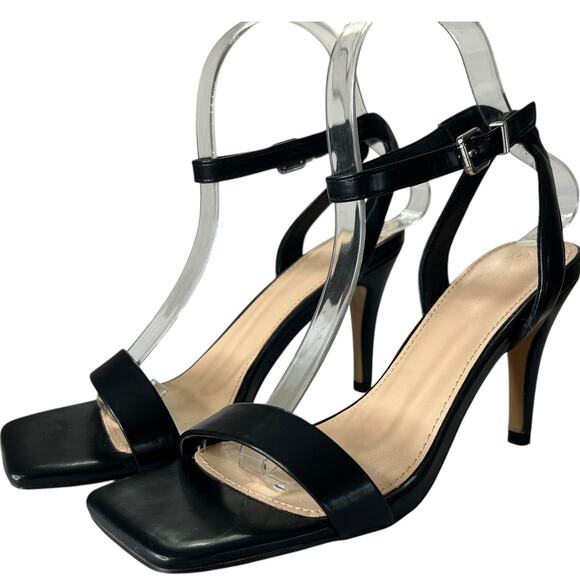 Black Strappy Open Toe Heeled Sandals Square Toe Wrap Ankle Strap 3” Heel Size 7 - Picture 3 of 11